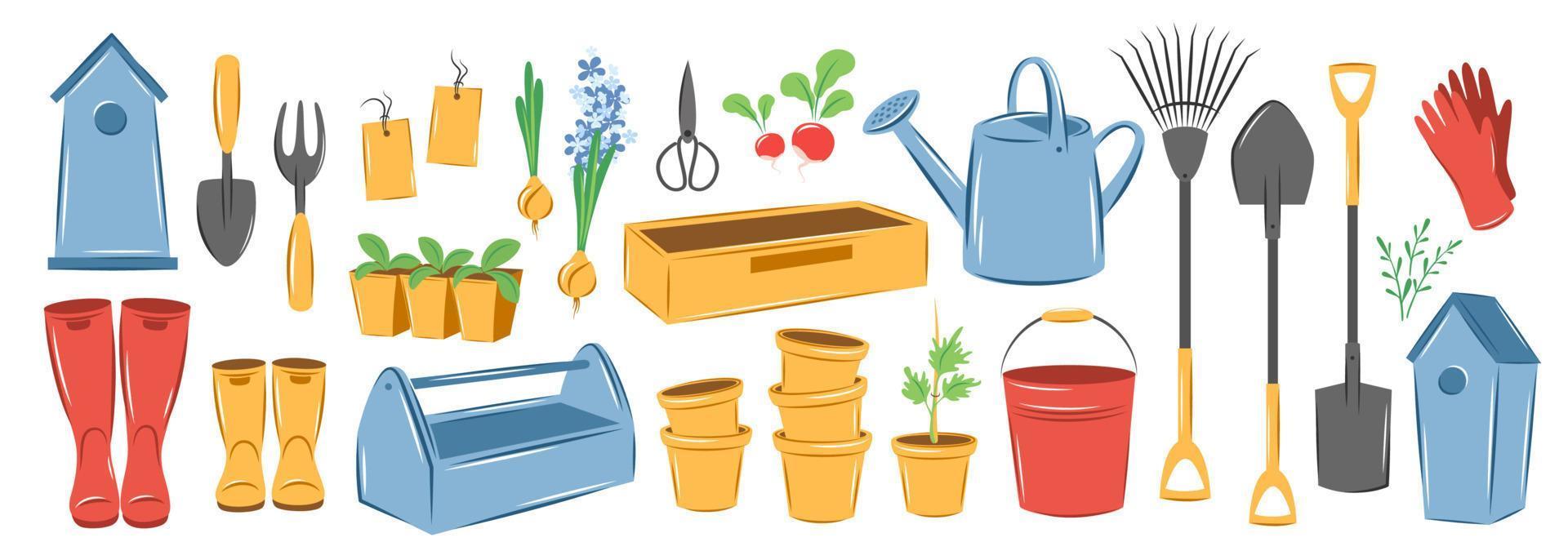 spring-garden-element-set-farm-agricultural-tools-illustration-vector